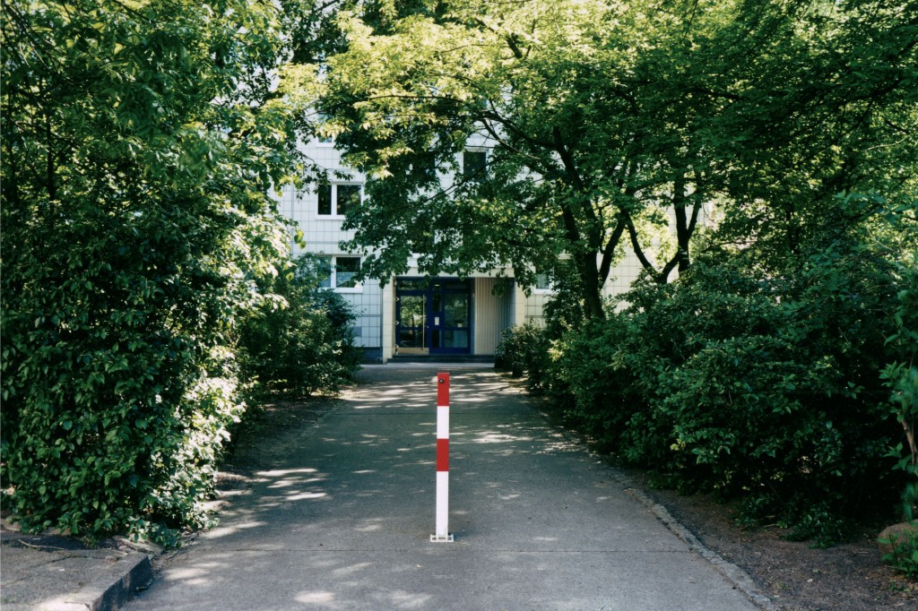 Sidewalk with striped pole and trees