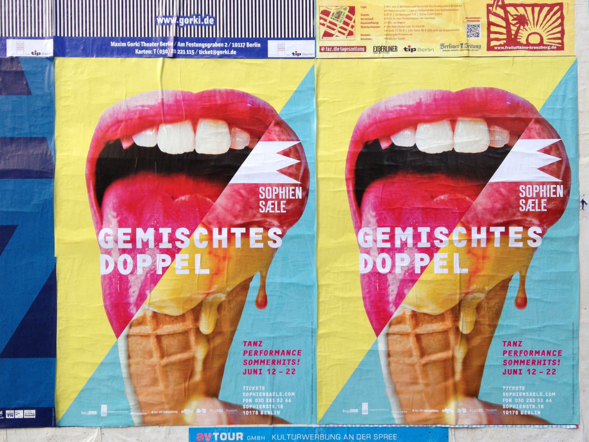 Two colorful posters of pink tongues licking ice cream