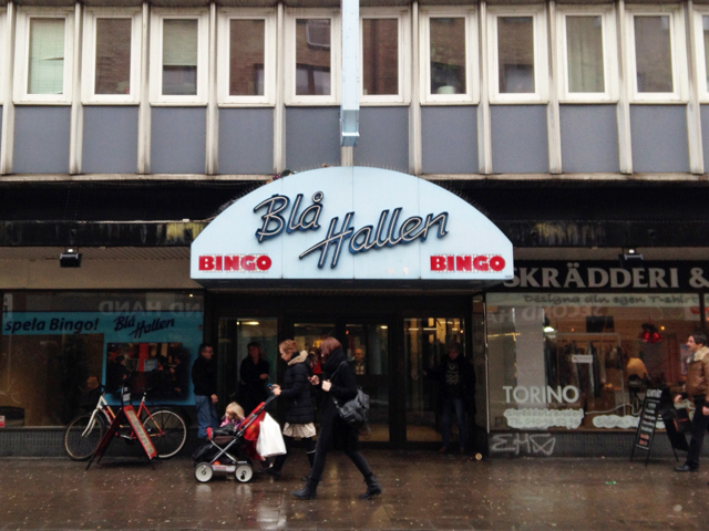 Old-fashioned lettering on awning reading "Blå Hallen"