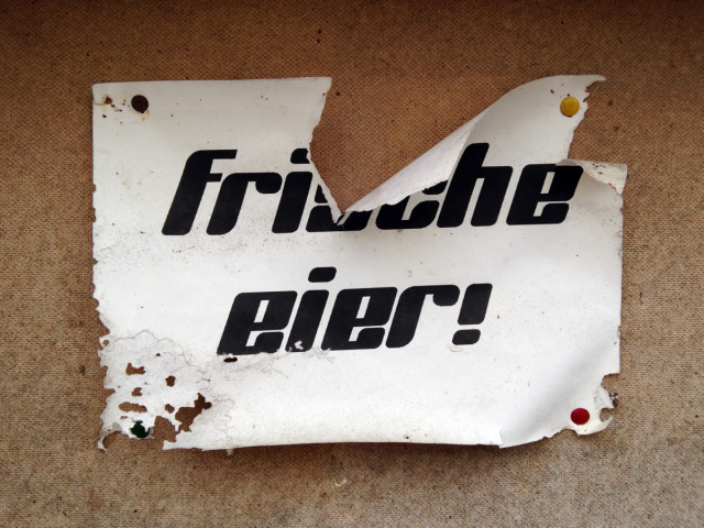 Crumbling paper sign reading "Frische eier!" in a funky typeface