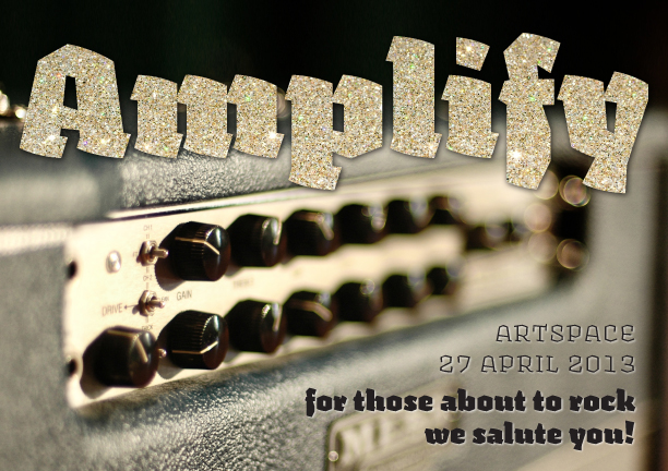 Postcard with "Amplify" in gold glitter and photo of vintage amplifier