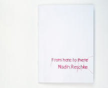 White booklet with embroidered letters reading "Nadin Reschke / from here to there"