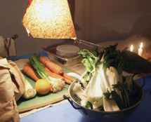 Vegetables under rough brown-paper lampshade