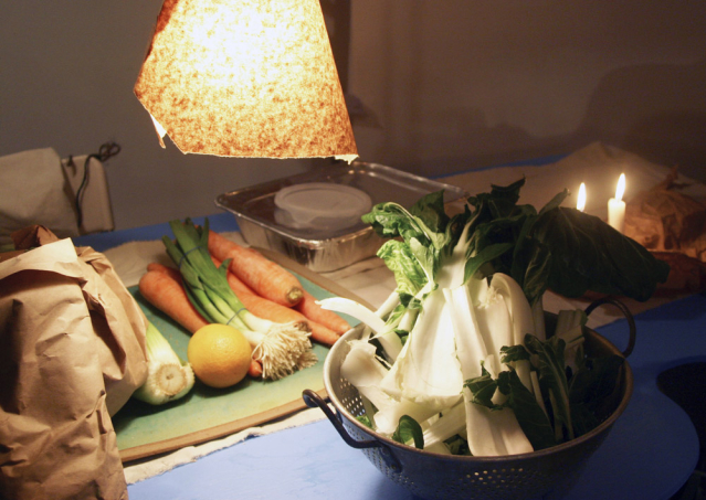 Vegetables under rough brown-paper lampshade
